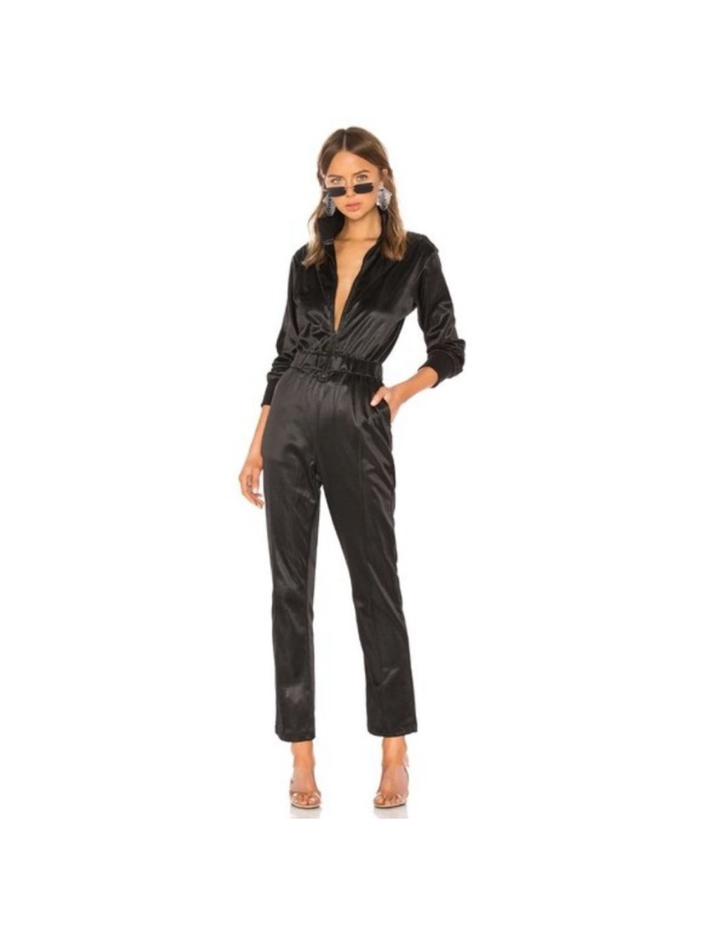RtA Satin Black Long Sleeve Zip-Front Jumpsuit
